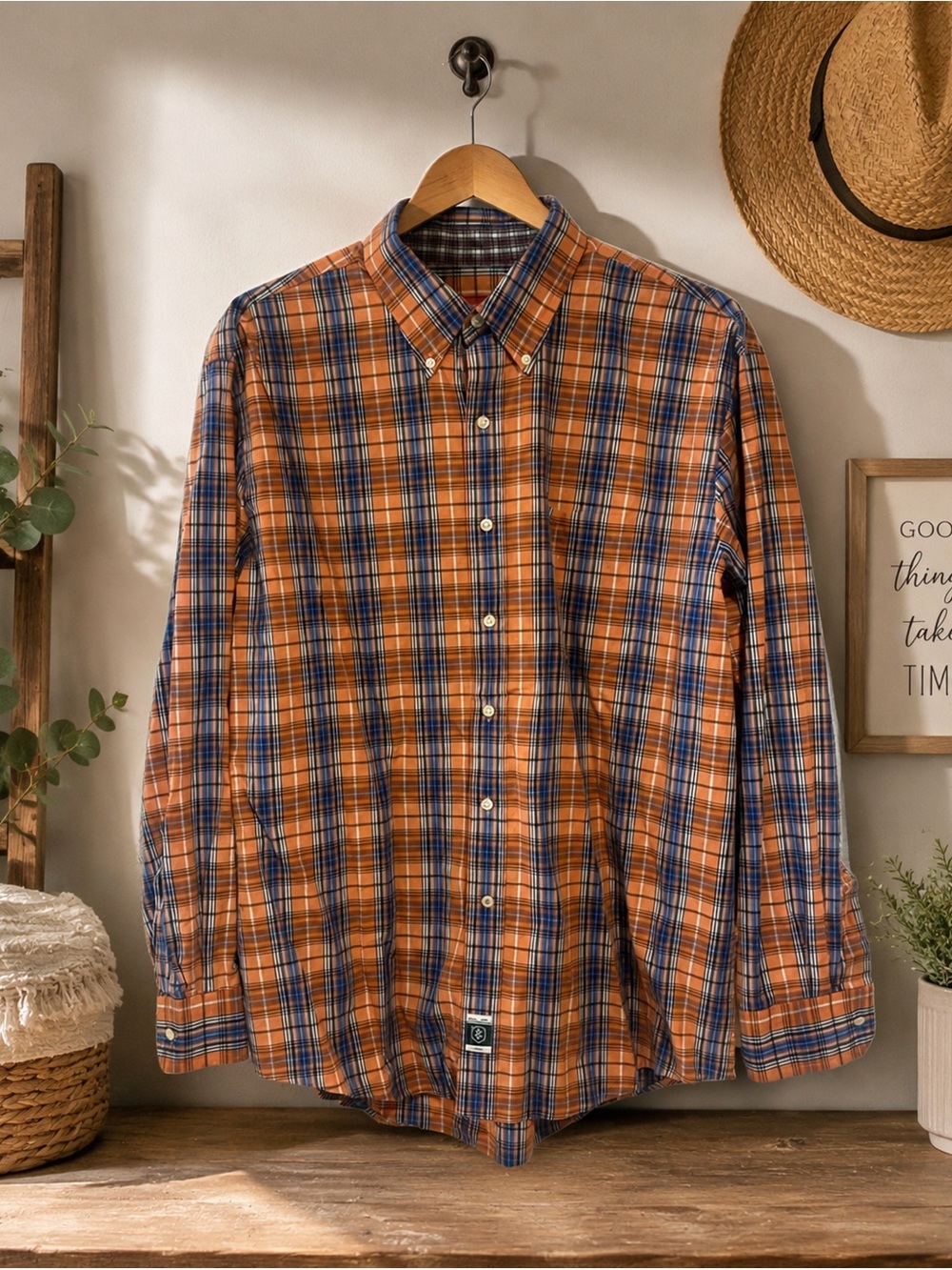 IZOD Orange & Navy Plaid Button-Down Shirt – Men’s Large